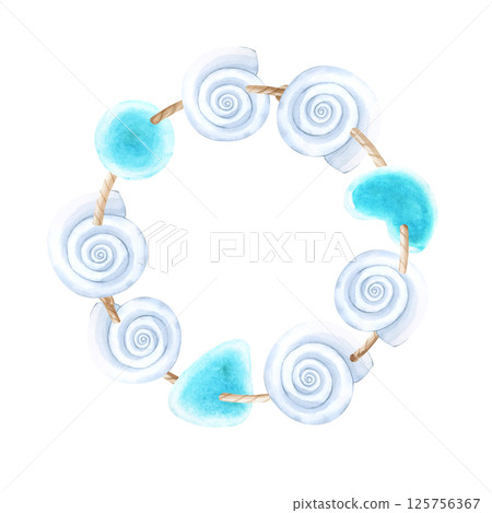 A frame made of cord, strung white shells and sea glass. Watercolor illustration isolated on a white background. A marine-themed bracelet. 125756367