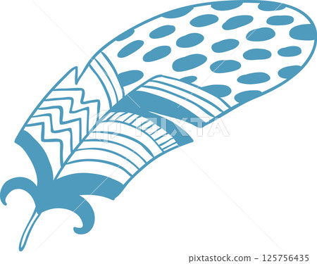 Light blue single feather with decorative patterns representing lightness, freedom, hope, peace, and softness, ideal for textile prints, wall art, and stationery 125756435