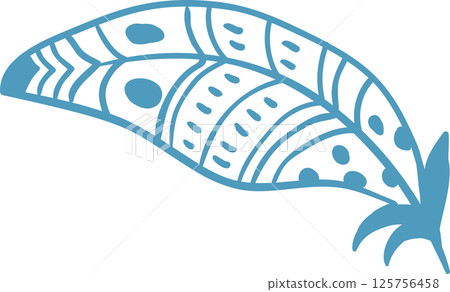 Light blue single feather with decorative pattern floating on white background representing lightness, freedom, and softness, ideal for nature, fashion, and beauty projects 125756458