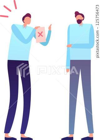 Two male colleagues discussing a failed exam with a red x mark, representing unsuccessful attempts, rejection, and the need for improvement in business or education Two male colleagues discussing a failed exam with a red x mark, representing unsuccessful attempts, rejection, and the need for improvement in business or education 125756473