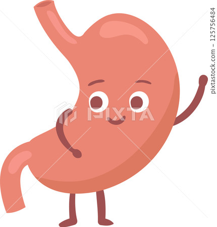 Cartoon illustration of a happy stomach waving and smiling, promoting digestive health and well being, ideal for healthcare and educational materials Cartoon illustration of a happy stomach waving and smiling, promoting digestive health and well being, ideal for healthcare and educational materials 125756484