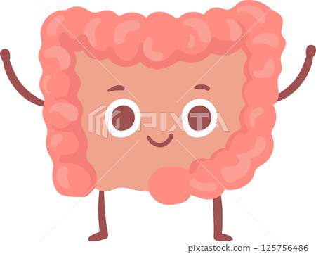 Cartoon illustration featuring a joyful intestine with arms raised high and a big smile, celebrating the importance of digestive health and overall well being in a vibrant, friendly style 125756486