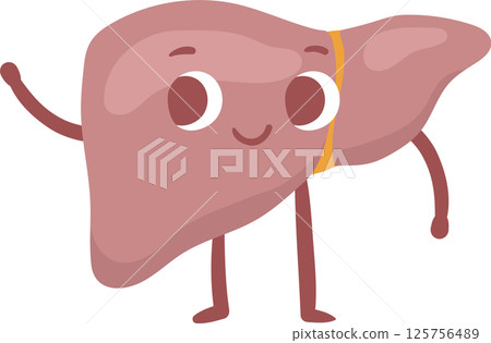 Cartoon liver character waving cheerfully, spreading messages of health, wellness, and the importance of understanding liver function and preventing diseases Cartoon liver character waving cheerfully, spreading messages of health, wellness, and the importance of understanding liver function and preventing diseases 125756489