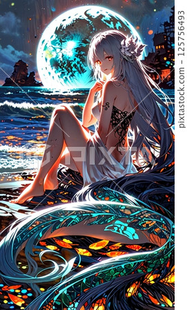 A woman at sea on a fantastic night with a sparkling full moon 125756493