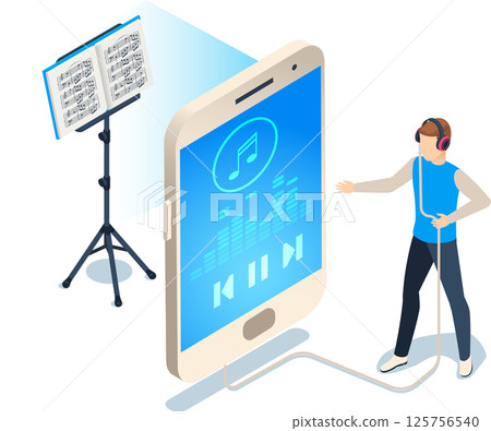 Young musician composing music using innovative technology, connecting a music stand to a smartphone through a cable, merging traditional and digital music creation Young musician composing music using innovative technology, connecting a music stand to a smartphone through a cable, merging traditional and digital music creation 125756540
