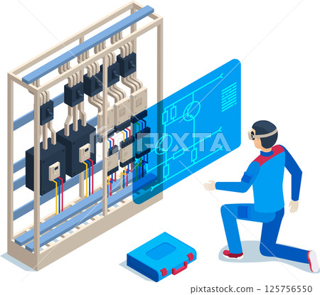 Electrician wearing augmented reality glasses checking electric panel wiring diagram, using holographic projection of futuristic software interface, isometric view Electrician wearing augmented reality glasses checking electric panel wiring diagram, using holographic projection of futuristic software interface, isometric view 125756550