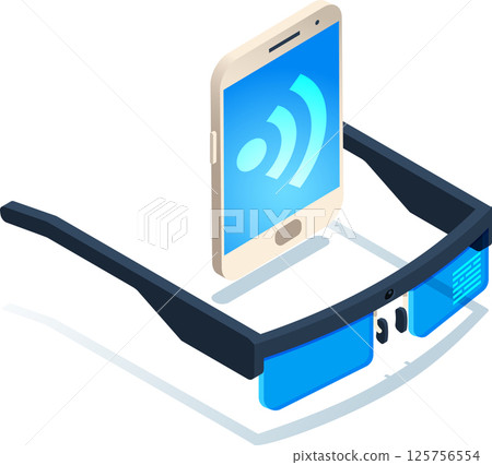 Smart glasses are connecting wirelessly with smartphone showing RSS feed symbol in isometric illustration representing augmented reality and mobile technology Smart glasses are connecting wirelessly with smartphone showing RSS feed symbol in isometric illustration representing augmented reality and mobile technology 125756554