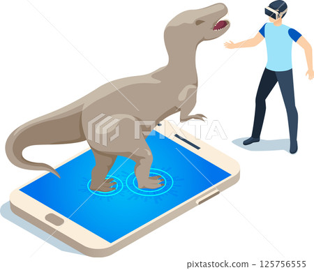 Virtual augmented reality technology user wearing vr headset interacting with 3d tyrannosaurus rex dinosaur coming out of smartphone screen, isometric view Virtual augmented reality technology user wearing vr headset interacting with 3d tyrannosaurus rex dinosaur coming out of smartphone screen, isometric view 125756555