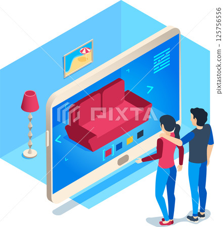 Young couple engaging with an augmented reality app on a tablet. Selecting the perfect sofa color. Visualizing options in their living room. And enjoying the convenience of online furniture shopping 125756556
