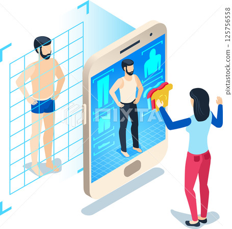 Augmented reality app scanning a man and allowing a woman to choose clothes for him, futuristic online shopping and virtual fitting room concept 125756558