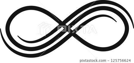 Black triple infinity symbol representing eternity, unlimited possibilities, renewal, and constant flow against a crisp white background, embodying timelessness and perpetual motion 125756624