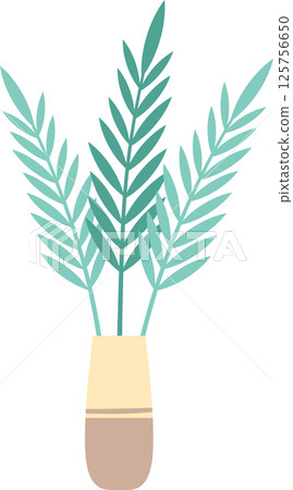 Simple illustration of three elegant stylized green leaves growing in a simple decorative vase with a beige and light yellow body, isolated on a white background Simple illustration of three elegant stylized green leaves growing in a simple decorative vase with a beige and light yellow body, isolated on a white background 125756650