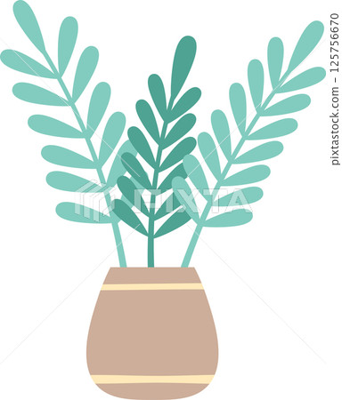 Three sprigs of a light green plant growing from a brown vase adorned with yellow stripes, creating a fresh and vibrant touch against a clean white background 125756670