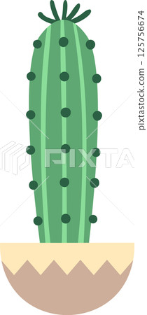 Minimalist vector illustration of a green cactus growing in a half circle pot decorated with a zig zag pattern, isolated on a white background 125756674