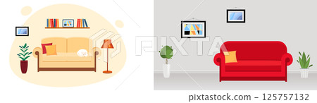 Interior of modern office with red sofa, abstract paintings and plants. Interior of modern office with red sofa, abstract paintings and plants. 125757132