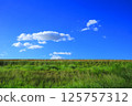 A midsummer photo of green grass on the embankment road slope and the open sky 125757312