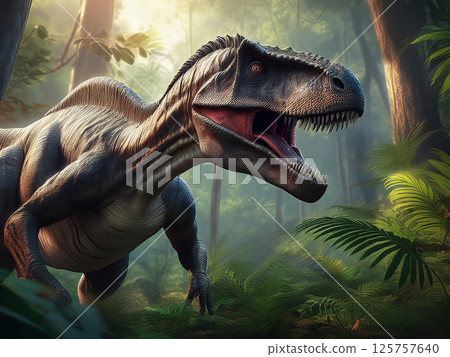 Generative AI Illustration Allosaurus dinosaur in the Forest 125757640