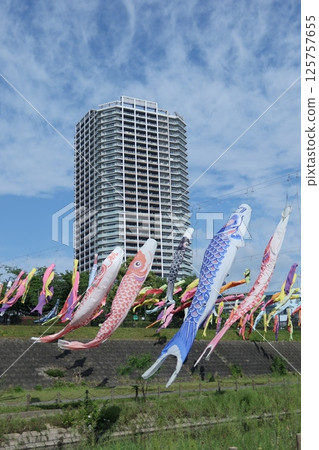 鯉魚飄帶游泳在藍天 鯉魚飄帶游泳在藍天 125757655