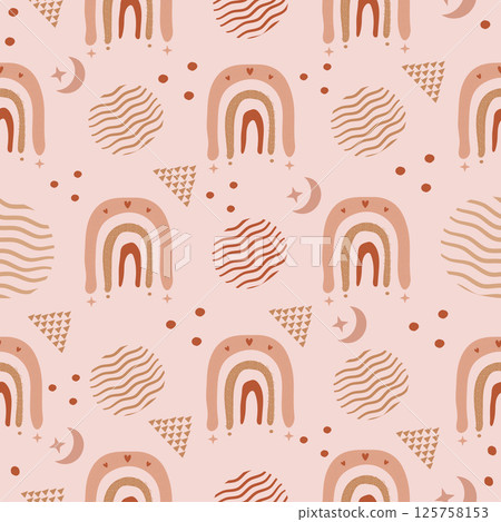 Cute boho seamless pattern with rainbow and abstract elements Cute boho seamless pattern with rainbow and abstract elements 125758153