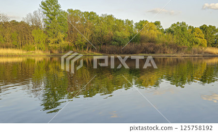 Large pond surrounded by trees and plants. Camping. Spring landscape. Large pond surrounded by trees and plants. Camping. Spring landscape. 125758192