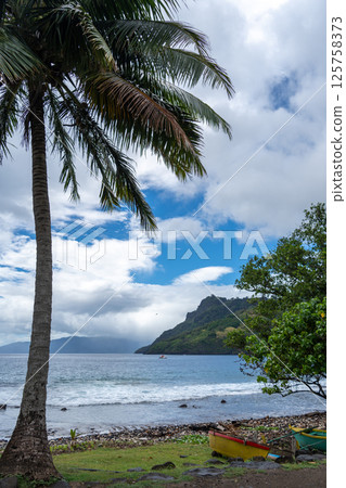 Tahuata Island beach with boats, Marquesas Islands, French Polynesia 125758373