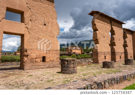 Ancient Ruins of Raqchi in the Peruvian Highlands Under Clouds Ancient Ruins of Raqchi in the Peruvian Highlands Under Clouds 125758387