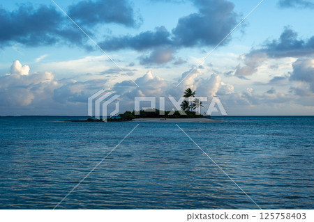 Sunset over a tropical motu on Tikehau Atoll, French Polynesia 125758403