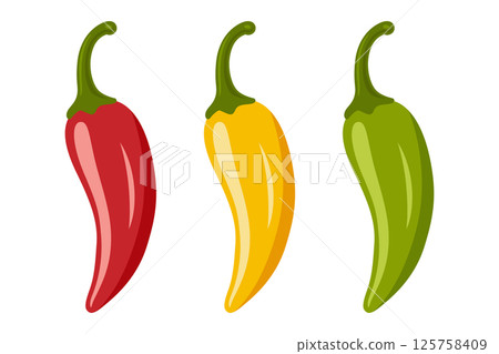 Chili Peppers Vector Set, Isolated. Red, Yellow, Green Hot Peppers, Spicy Food Ingredients, Mexican Cuisine, Fresh Organic Vegetables. Vector Illustration for Food Design 125758409