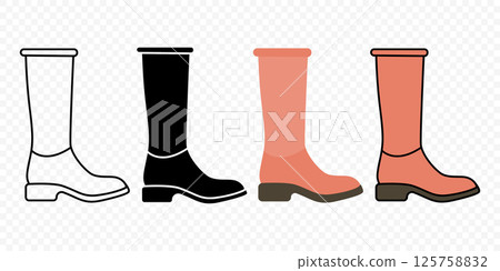 Womens High Heel Boots Icon Set. Outline, Silhouette, Flat and Colored Style Fashion Shoes Collection for Autumn and Winter, Stylish Female Footwear Design. Vector Illustration 125758832
