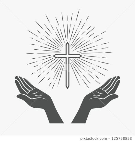 Black and White Open Hands with Cross and Divine Light, Symbol of Faith and Prayer. Design Template for Church Logo. Prayer, Religion Concept Monochrome Cut Out Silhouette Icon. Vector Illustration 125758838