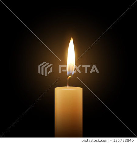 Realistic Vector Candle Flame Clipart on Black Background. Single Wax Pillar Candle with Soft Warm Glow and Flickering Flame, Ambient Lighting Design Template for Web, Print, Logo Design Realistic Vector Candle Flame Clipart on Black Background. Single Wax Pillar Candle with Soft Warm Glow and Flickering Flame, Ambient Lighting Design Template for Web, Print, Logo Design 125758840
