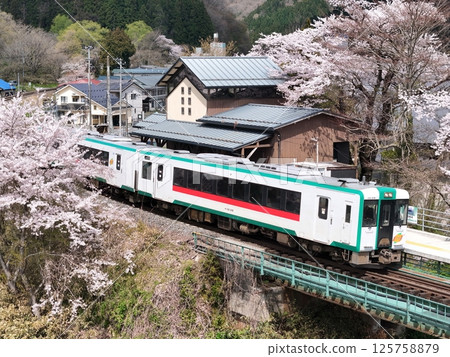 Aerial view of JR Rikuu East Line with cherry blossoms in full bloom 125758879