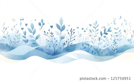 A watercolor-style natural design with blue flowers and wave patterns 125758951