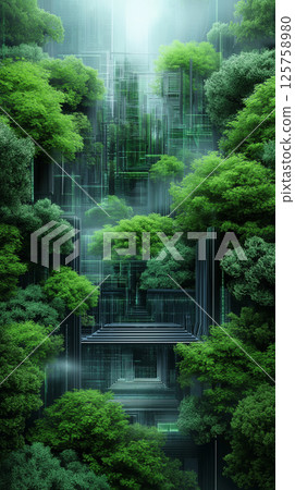 Lush green forest with digital elements and futuristic design 125758980