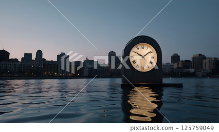 Submerged Clock in a Minimalist Cityscape at Twilight 125759049