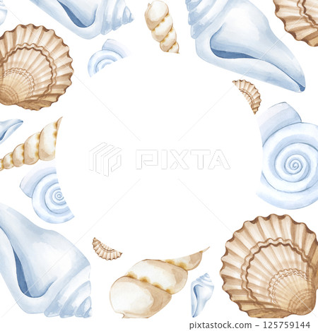 A square frame with various hand-painted watercolor shells. Beige, brown and white seashells. Watercolor illustration on a white background. Marine theme. Empty space for insertion. 125759144