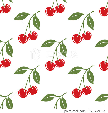 Vector Seamless Pattern with Cutout Cherry. Single, Pair of Cherries and Cluster of Cherries with Leaves , Repeated Print. Cherry Art, Design Template, Vector Illustration 125759184