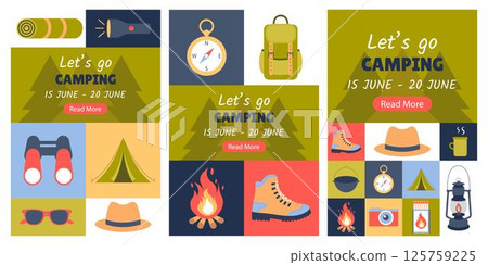 Camping. Set of posters, banners, placards, flyers, templates for social networks 125759225