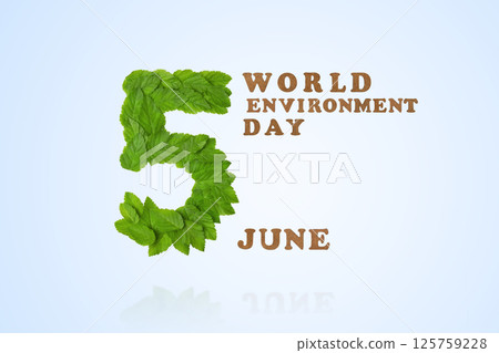 Design with the image of the number 5 of green leaves on white blue. World Environment day, 05 June. Beat plastic pollution. Ecology concept. Design with the image of the number 5 of green leaves on white blue. World Environment day, 05 June. Beat plastic pollution. Ecology concept. 125759228