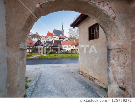 View from under the arch of Cesky Krumlov, Czech Republic View from under the arch of Cesky Krumlov, Czech Republic 125759272