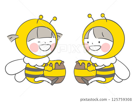 Children in Bee Costumes Sitting and Holding Honey Jars 125759308