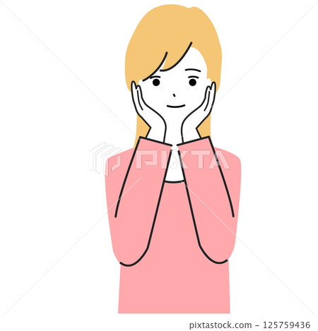 Illustration of a woman who is happy with her hand on her cheek Illustration of a woman who is happy with her hand on her cheek 125759436