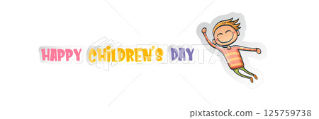 1 JUNE World childrens day background with little funny cute girl isolated on white background. Vector happy world childrens day poster concept and wide banner with funny cartoon smiling child 125759738