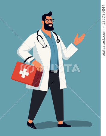 Doctor with medical bag and stethoscope in simple vector art 125759844