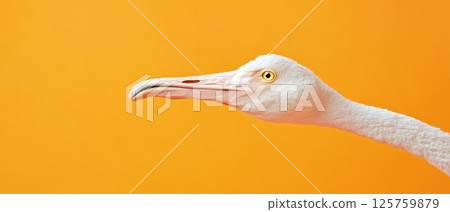 Orange backdrop showcases white long beaked bird 125759879