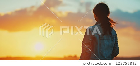 Sunset view with a person in the foreground 125759882