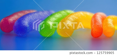Colorful gummy worms arranged on a blue background 125759905