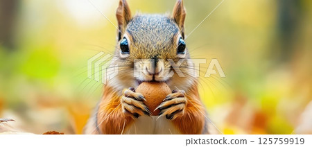 Squirrel holds acorn in autumn forest landscape 125759919