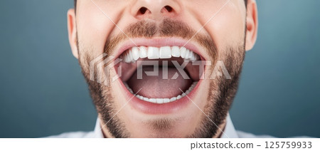 Man smiling widely with open mouth for expression Man smiling widely with open mouth for expression 125759933