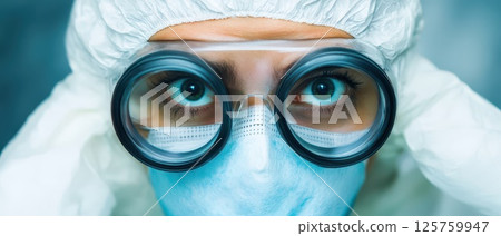 Healthcare worker examines patient closely Healthcare worker examines patient closely 125759947